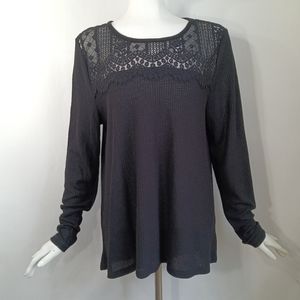 Lucky Brand XL High Low Tunic Top Black Lightweight Waffle Thermal Upper Lace